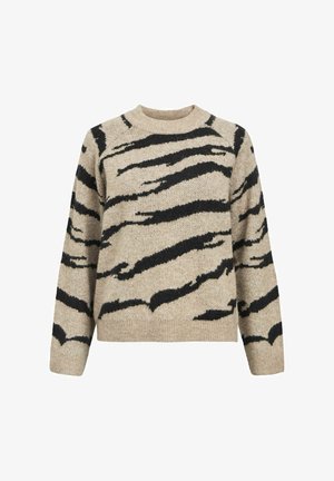 Beige trui met zwart tijgerstrepenpatroon. Gemaakt van een gestructureerd breimateriaal, met een ronde hals en lange mouwen. Geribbelde zoom.
