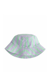 Cappello a secchiello in cotone di un leggero viola con strisce verticali e diagonali di un brillante verde. Caratterizzato da una visiera larga e flessibile e fori di ventilazione.