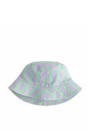 Cappello a secchiello in cotone di un leggero viola con strisce verticali e diagonali di un brillante verde. Caratterizzato da una visiera larga e flessibile e fori di ventilazione.