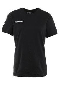Camiseta de algodón negra de manga corta y cuello redondo, con un logo blanco en el pecho y patrones de chevron blancos en las mangas.