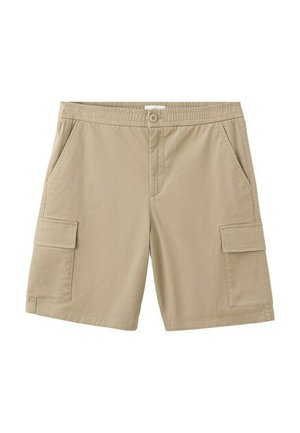 Pantaloncini cargo beige con tasche con pattina frontale, vita elastica, chiusura con bottone e tasche laterali, realizzati in tessuto leggero.