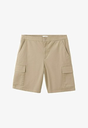 Beige Cargoshorts mit vorderen Klappentaschen, elastischem Bund, Knopfverschluss und seitlichen Eingrifftaschen, aus leichtem Stoff gefertigt.