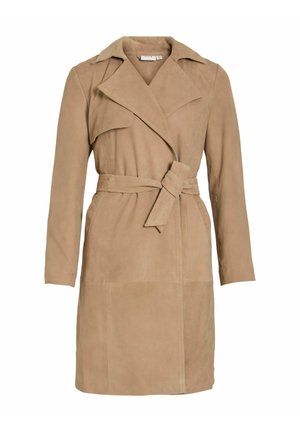 Pruun seemisnahast beež värvusega pikk trensmantel pikkade varrukatega, laiade kraeäärtega, vööga taljel ja põlveni ulatuva servaga.