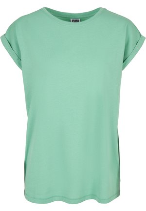 Mintgrünes T-Shirt mit kurzen Ärmeln aus weicher Baumwolle. Verfügt über einen runden Halsausschnitt und einen lässigen, lockeren Schnitt mit umgeschlagenen Ärmeln.