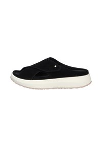 Sandal in suede nero con apertura sulla punta, design a fasce incrociate e suola platform bianca con fondo testurizzato per una presa sicura.
