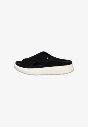 Black suede slide sandal with an open toe, crossover strap design, and a white platform sole featuring a textured bottom for grip.