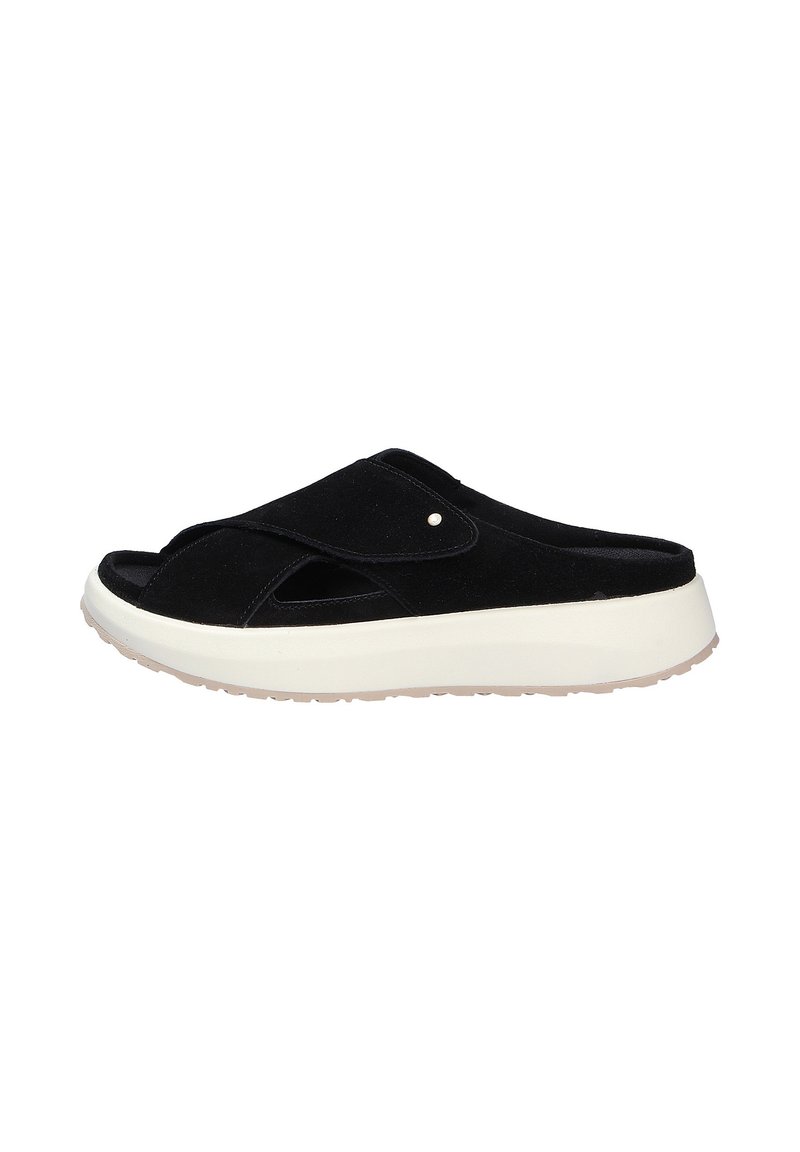Sandal in suede nero con apertura sulla punta, design a fasce incrociate e suola platform bianca con fondo testurizzato per una presa sicura.