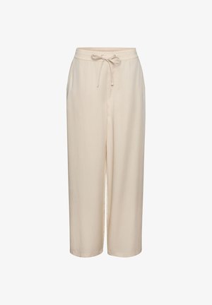 Pantalones de pierna ancha beige, tejido ligero, cintura elástica con cordón, textura suave, diseño de longitud completa, estilo minimalista.