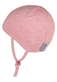 Pink cotton baby hat with a snug fit, featuring tie straps and a small logo tag. Soft texture and seamless design for comfort.