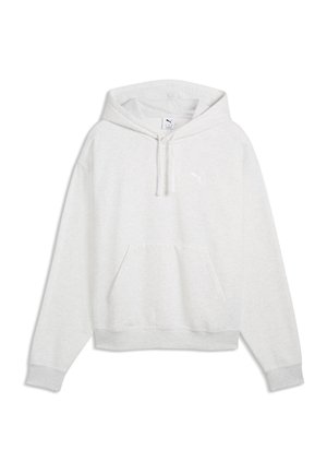 Lichtgrijze pullover hoodie met een voorvak, trekkoord in de capuchon, geribbelde boorden en een subtiel Puma-logo op de borst.