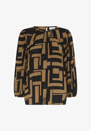 Halenka s dlouhým rukávem z černé a hnědé látky s geometrickým vzorem, kulatým výstřihem a volným střihem s nařasenými manžetami a zipem na zadní straně.