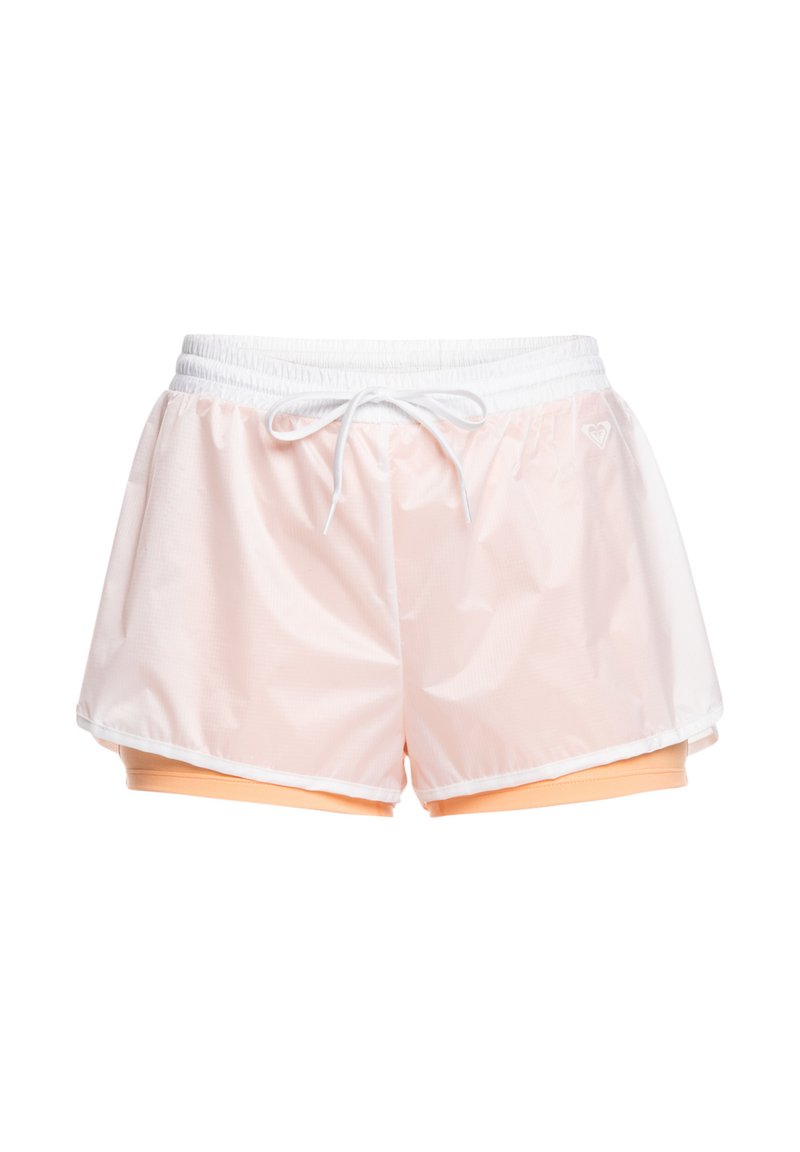 Lichte sportshorts met een buitenlaag in lichtroze en een binnenlaag in oranje. Voorzien van een elastische tailleband en een witte koord. 