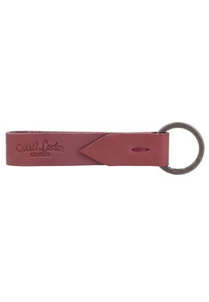 Brown leather keychain with a looped strap and metal key ring, embossed with "Gusti Leder studio" on the strap.