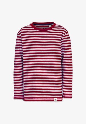 Langärmliges Shirt mit roten und grauen Streifen, runder Ausschnitt, aus Baumwolle, mit einem kleinen Logotag am unteren linken Saum.