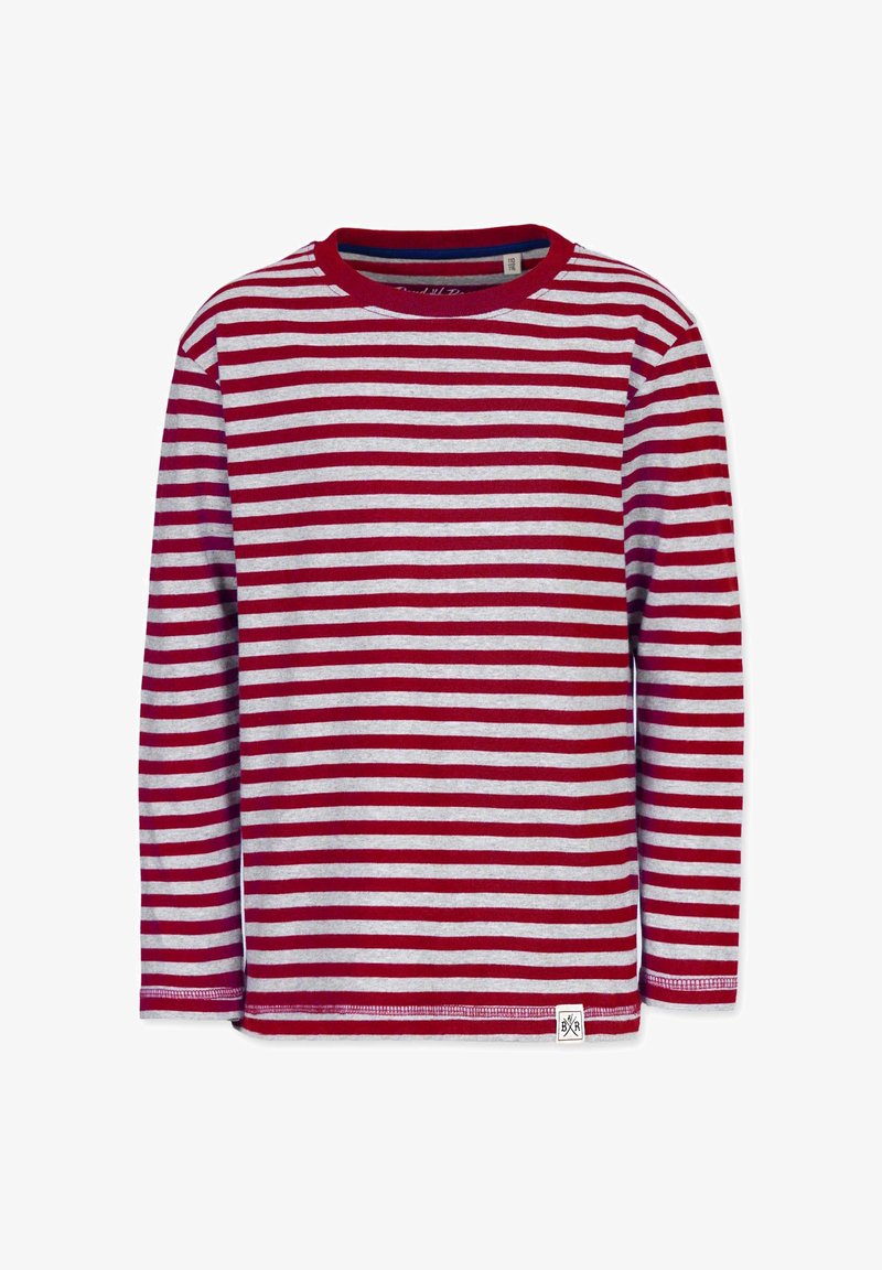 Rød og gråstribet langærmet skjorte, rund udskæring, lavet af bomuld, med et lille logomærke i nederste venstre kant.