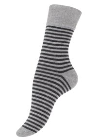 Grau Baumwollsocke mit einem dunkleren grauen Streifenmuster, ausgestattet mit einem gerippten Bündchen und einer glatten Textur. Fußförmiges Design mit verstärkter Zehenpartie.