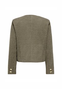 Brown houndstooth-patterned cropped blazer with long sleeves, featuring golden button accents on cuffs. Textured fabric with a tailored fit.