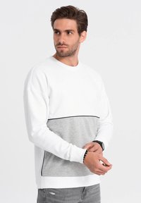 Weißes und graues Sweatshirt mit einem horizontalen Farbblockdesign, langen Ärmeln und Rundhalsausschnitt. Glatter Stoff mit kontrastierenden schwarzen Akzenten.