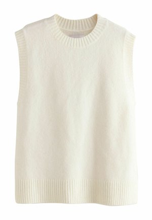 Cream, sleeveless sweater with a textured finish, ribbed neckline, and hem. Soft material with a smooth surface and clean shape.
