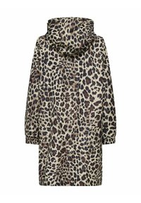 Cappotto con cappuccio in stampa leopardata, dalla vestibilità comoda, con sfondo beige e macchie marroni scure e nere. Polsini elasticizzati e lunghezza fino a metà coscia.