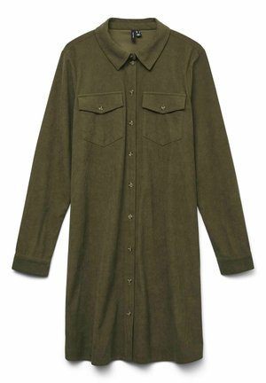 Olivgrünes Hemdkleid aus einem weichen, strukturierten Stoff. Verfügt über einen kragenlosen Ausschnitt, eine Knopfleiste und zwei Brusttaschen mit Klappen.