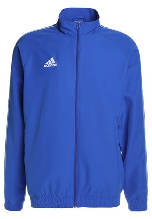 Blue athletic jacket made of lightweight fabric with a high collar, full zipper, elastic cuffs, and an embroidered white logo on the chest.