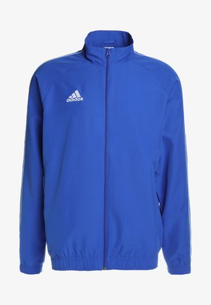 Blue athletic jacket made of lightweight fabric with a high collar, full zipper, elastic cuffs, and an embroidered white logo on the chest.