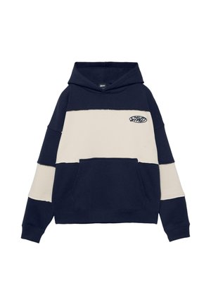 Huppari, jossa laivaston siniset ja beige värilohkot, edessä kengurun tasku ja pieni kirjailtu logo rinnassa.