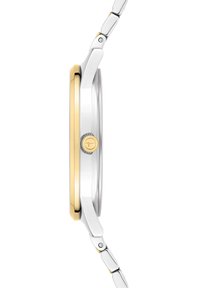 Silber- und goldfarbener Armbanduhr mit rundem Gehäuse, vergoldeter Lünette und einem glatten Armband mit filigranen Gliedern. Krone ist sichtbar.