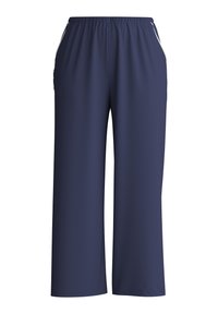 Navyblauwe wijde benen broek gemaakt van zachte stof, met een elastische tailleband en witte accenten aan de zijkant, voorzien van zijzakken.