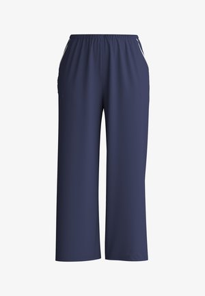 Pantaloni a gamba larga blu navy realizzati in tessuto morbido, con vita elastica e accentuazioni bianche ai lati, dotati di tasche laterali.