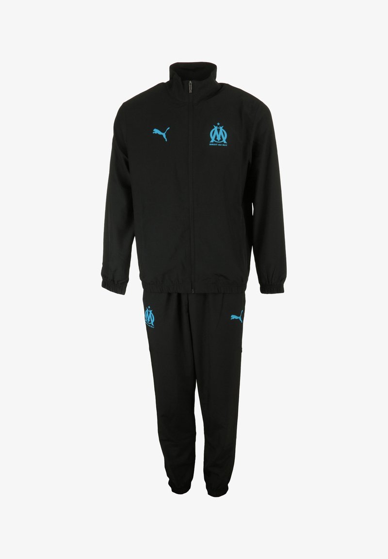Survêtement noir avec des accents bleu clair. Veste zippée avec un col montant et un logo, associée à un pantalon à taille élastique. Tissu en polyester.