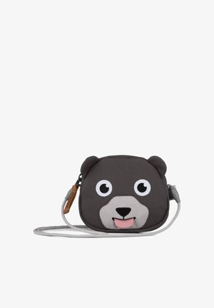 Children’s crossbody bag shaped like a gray bear face with ears, big eyes, black nose, pink tongue sticking out, and white strap.
