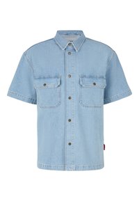 Camicia in denim azzurro chiaro a maniche corte con chiusura a bottoni, due tasche sul petto e colletto classico. Presenta bottoni in metallo e una vestibilità comoda.