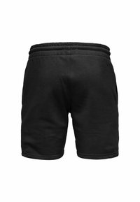 Schwarze Sportshorts aus weichem Material, mit einem elastischen Bund und drei horizontalen Streifen an der Oberseite sowie ohne sichtbare Taschen.