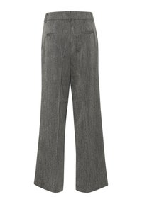 Grijze wijde broek van textuurstof, met een gladde tailleband, twee achterzakken en een subtiel patroon.