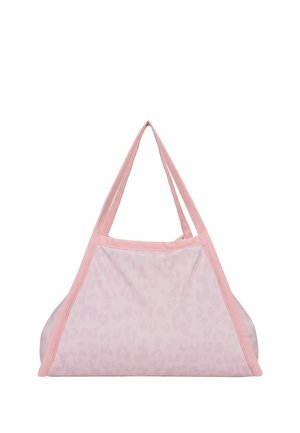 Weiche rosa Tragetasche mit dezentem Leopardenmuster und passenden rosa Trägern auf weißem Hintergrund.