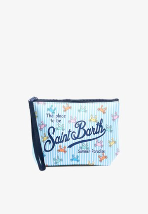 Bustina a righe blu e bianche con illustrazioni colorate di granchi e il testo "The place to be Saint Barth Summer Paradise" in carattere blu scuro.