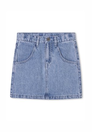 Gonna in denim di un azzurro chiaro con vita aderente, due tasche frontali e dettagli con motivo perforato. Finitura con orlo senza cuciture.