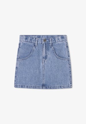Jupe en denim de couleur bleu clair avec une taille ajustée, deux poches avant et des détails de motif perforé. Finition avec un ourlet sans couture.