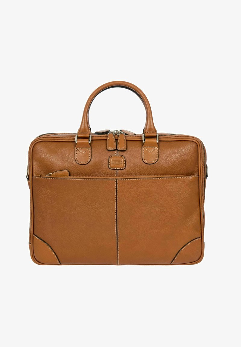 Lederaktentasche in Tan mit zwei oberen Griffen, Reißverschluss, Fronttasche und kontrastierenden Nähten. Glatte Textur und strukturierte Form.