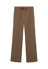 Pantalon marron à jambes larges avec une texture douce et une taille élastique. Comprend un cordon de serrage pour un ajustement réglable. Sans poches.