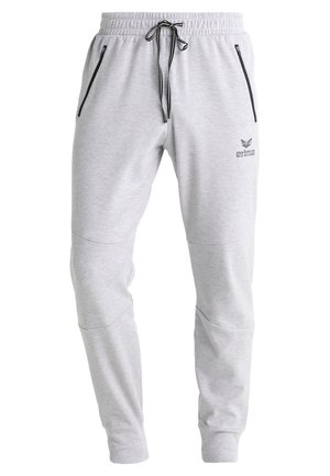 Pantaloni della tuta grigio chiaro con cintura elastica, coulisse regolabile, tasche laterali con zip e una vestibilità leggermente affusolata.