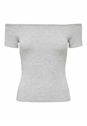 Grå av-axel t-shirt med korta ärmar, tillverkad av mjukt, lätt tyg, figurnära design, slät textur och minimal detaljering.