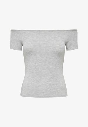 Grijze off-the-shoulder t-shirt met korte mouwen, gemaakt van zachte, lichte stof, slim fit ontwerp, gladde textuur en minimale details.