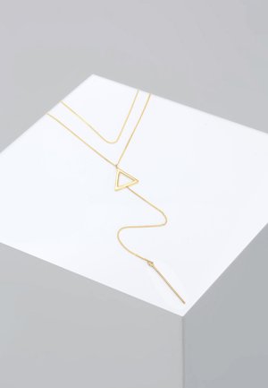 Gold layered necklace featuring a triangular pendant and a thin, elongated bar pendant. The chains are delicate with a smooth texture.