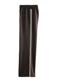 Braune Jogginghose aus weichem Stoff mit elastischem Bund und weißem Seitenstreifen entlang der Länge.