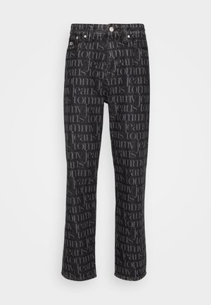 Mustad teksad, millel on üle kogu pinna mustrid "Tommy Jeans" erinevates mustades toonides, sirge lõike ja viie taskuga disain.