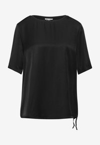 Schwarze Seidenbluse mit rundem Ausschnitt, kurzen Ärmeln und einer Kordelzugdetails am Saum. Glatte Textur und lockere Passform.