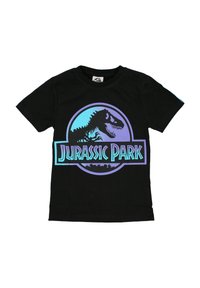 Black short-sleeve t-shirt with a blue and purple Jurassic Park logo featuring a T-Rex skeleton silhouette.